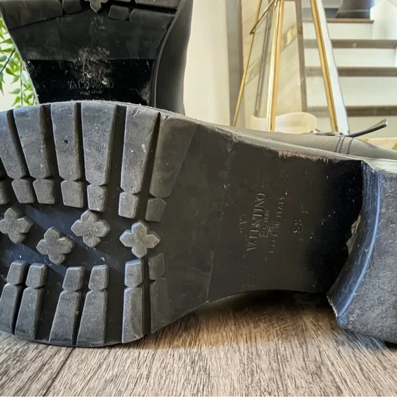 Valentino Garavani Black Leather Studded Moto Boots - Picture 4 of 5